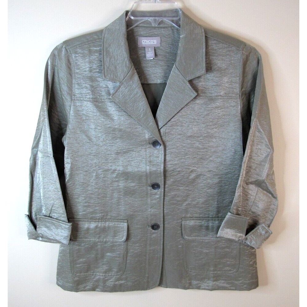 Chico's 3 Button Jacket / Blazer Women's Size 1 Rayon Nylon Green‎ Simmer